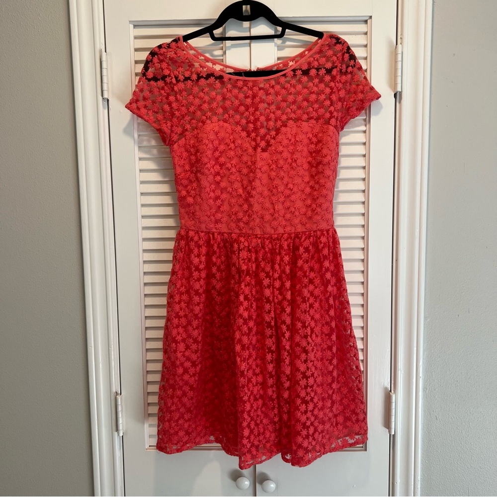 Anthro Artelier Floral Lace Overlay Dress Coral